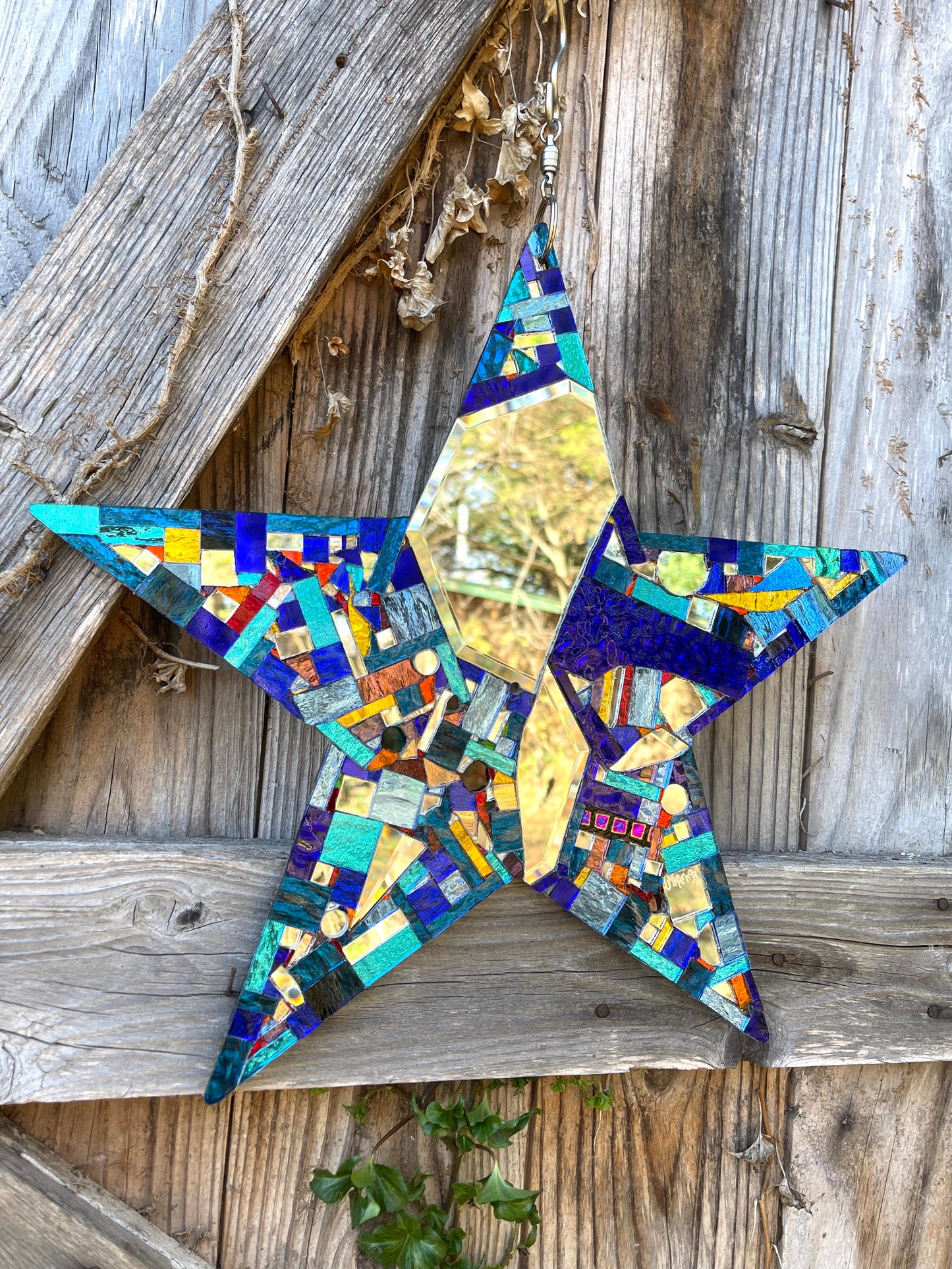 Beautiful Large Mirror Mosaic Star, Gold on One Side, Blue on the Other