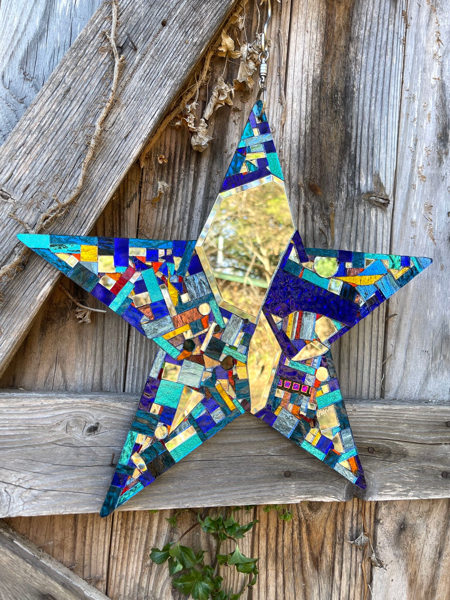 Beautiful Large Mirror Mosaic Star, Gold on One Side, Blue on the Other