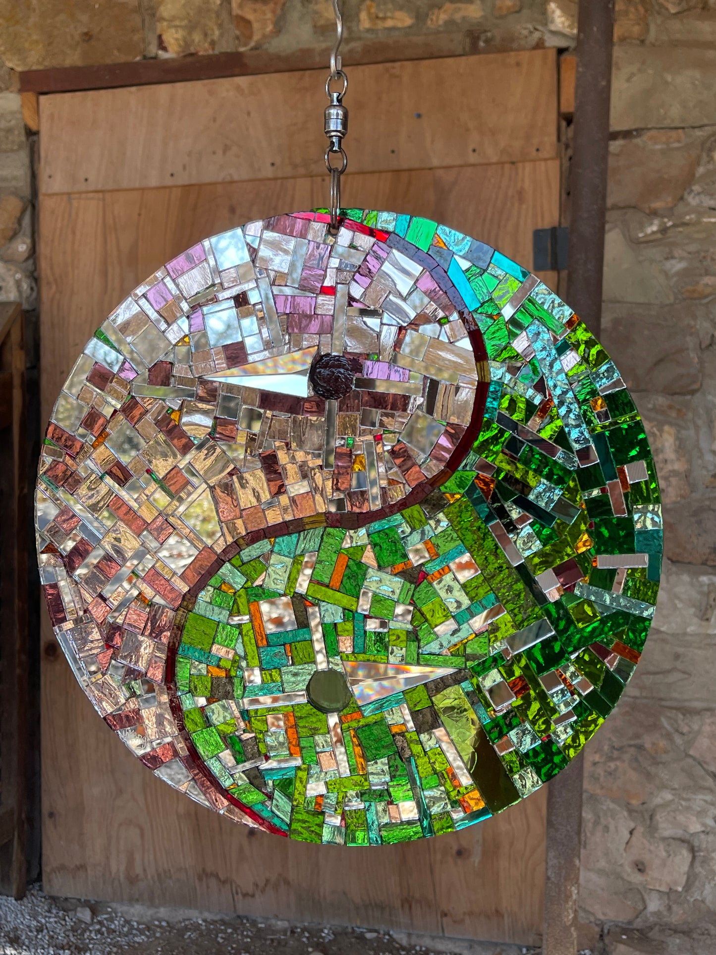 Large 14” pink and green groutless mirror mosaic YinYang. Dazzling pink and green hand cut mirror bits adds peace to the garden. Taijitu