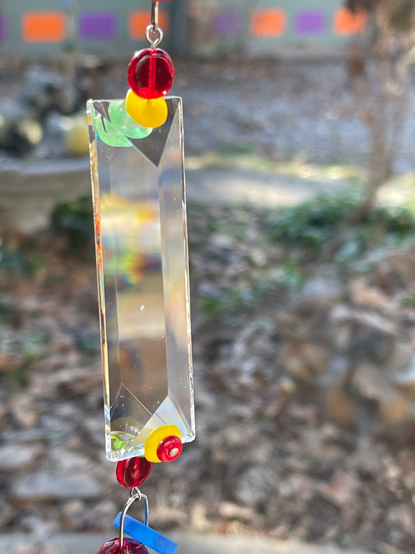 Long 43” mirror mosaic sun chain with glass beads, vintage colored glass and long rectangle prism